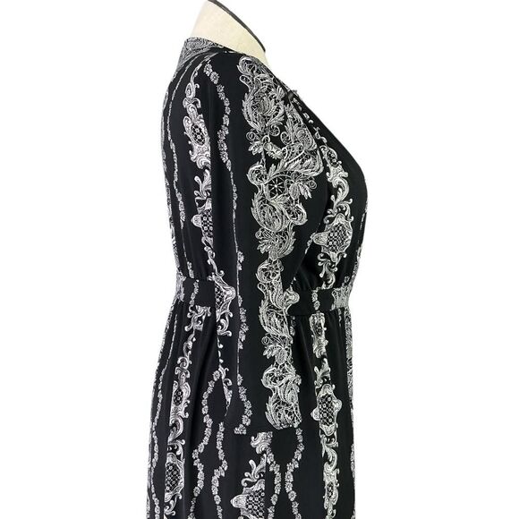 Lane Bryant Wrap Dress Women 14/16 Black White Floral 3/4 Sleeve Belted V Neck - Picture 6 of 8